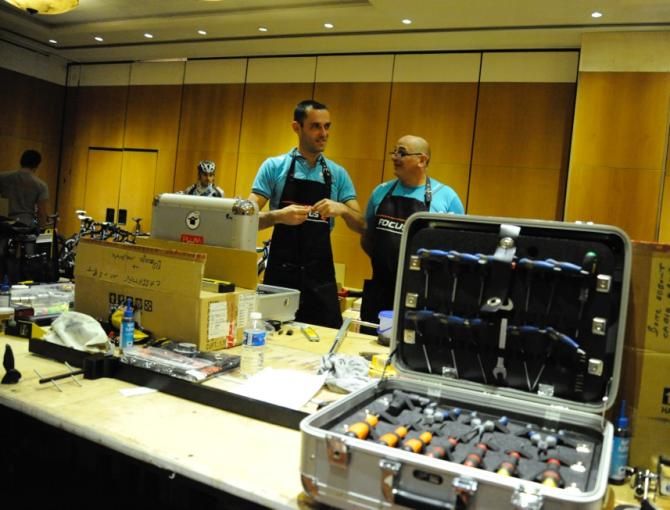 The AG2R La Mondiale mechanics were busy building new team bikes