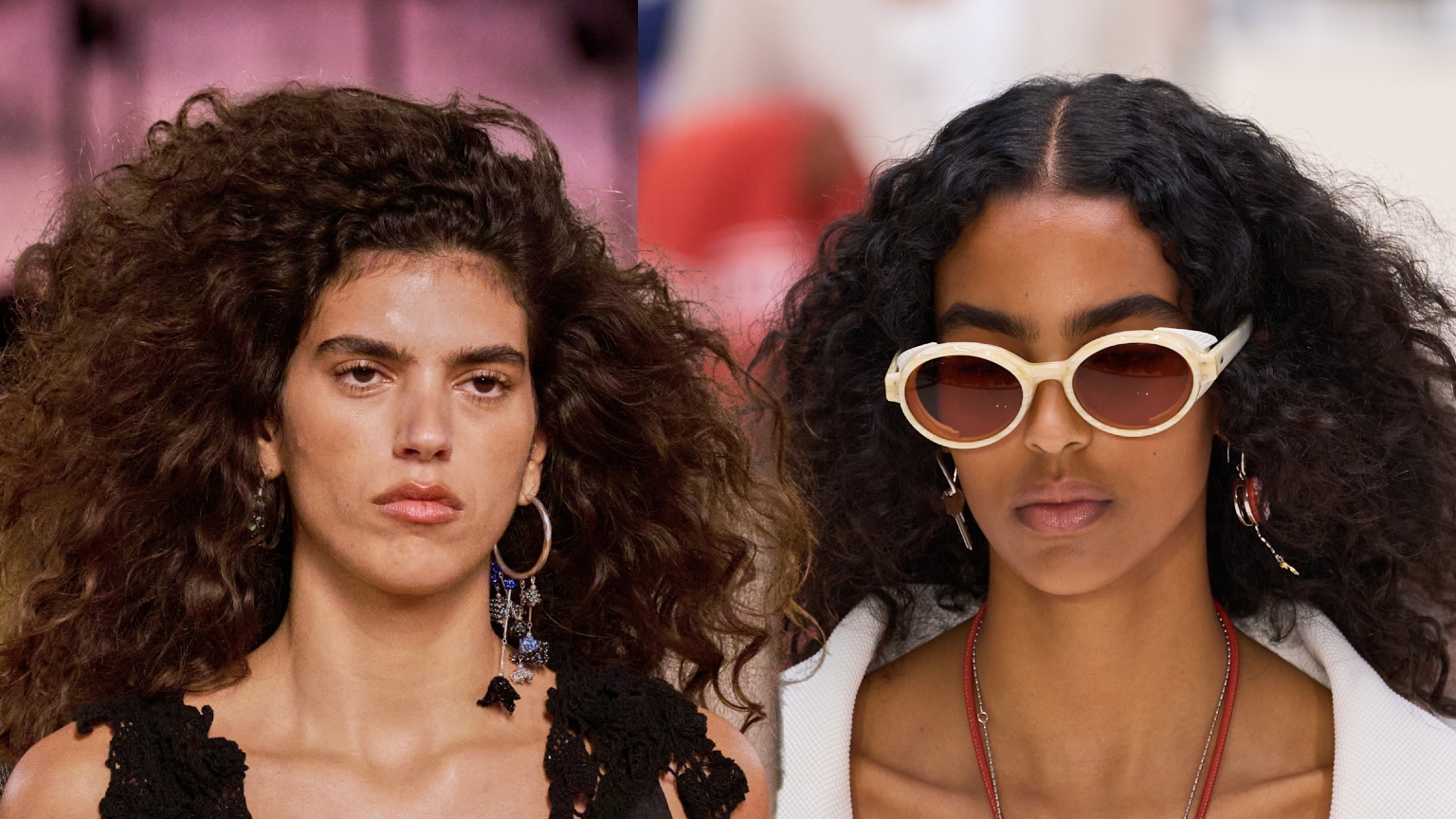 two women with curly hair and bold brows with earrings and necklaces