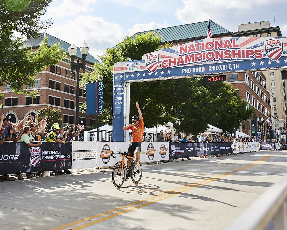 Joey Rosskopf (Rally Cycling) winning the men's elite road race at the USA Cycling Pro Road Championships 2021