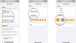 How to create a time automation in the Home app on the iPhone by showing steps: Tap A Time of Day Occurs, Tap a preset time or dial in a specific time, Tap the days you want the automation to run.