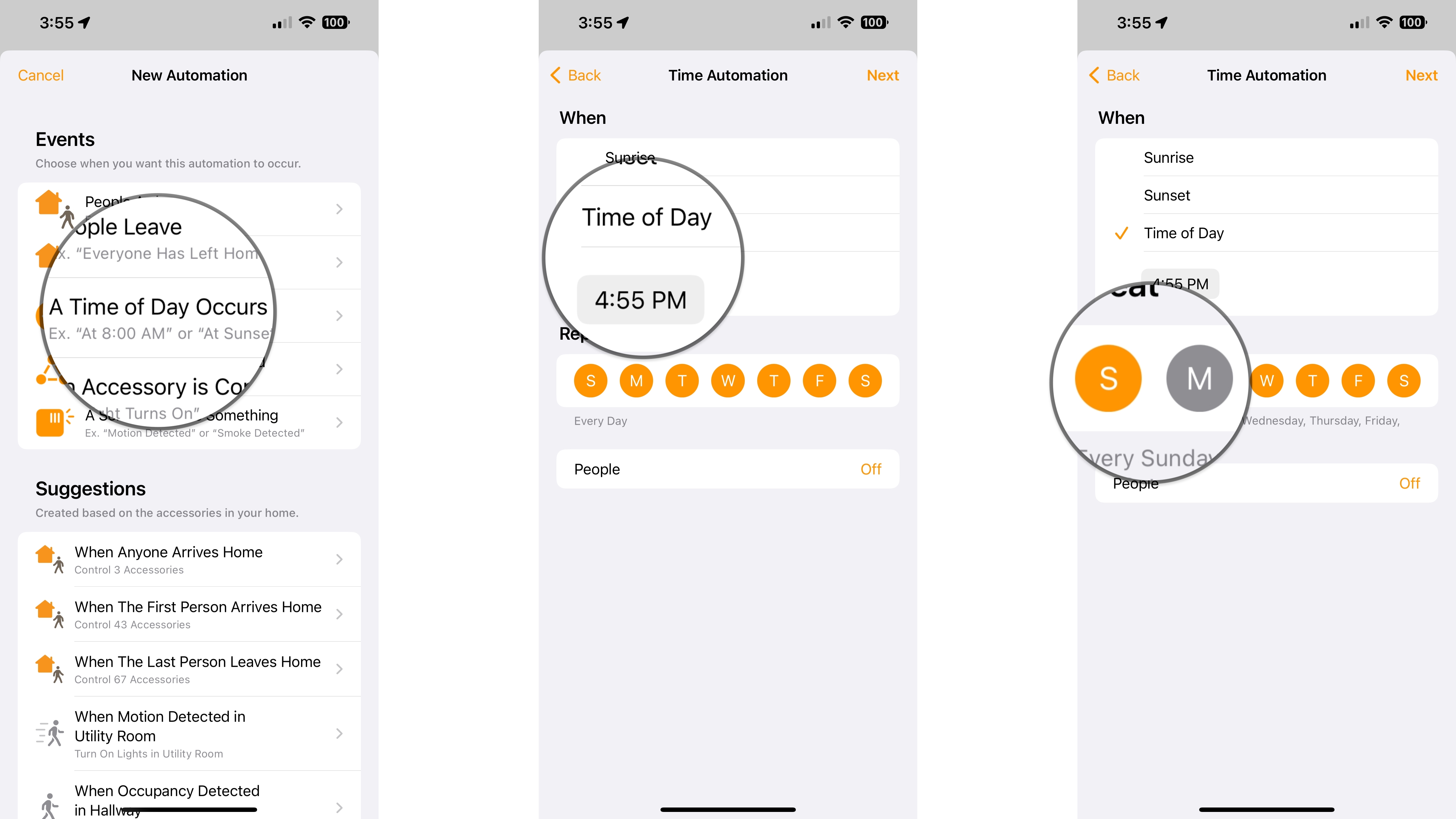 How to create a time automation in the Home app on the iPhone by showing steps: Tap A Time of Day Occurs, Tap a preset time or dial in a specific time, Tap the days you want the automation to run.