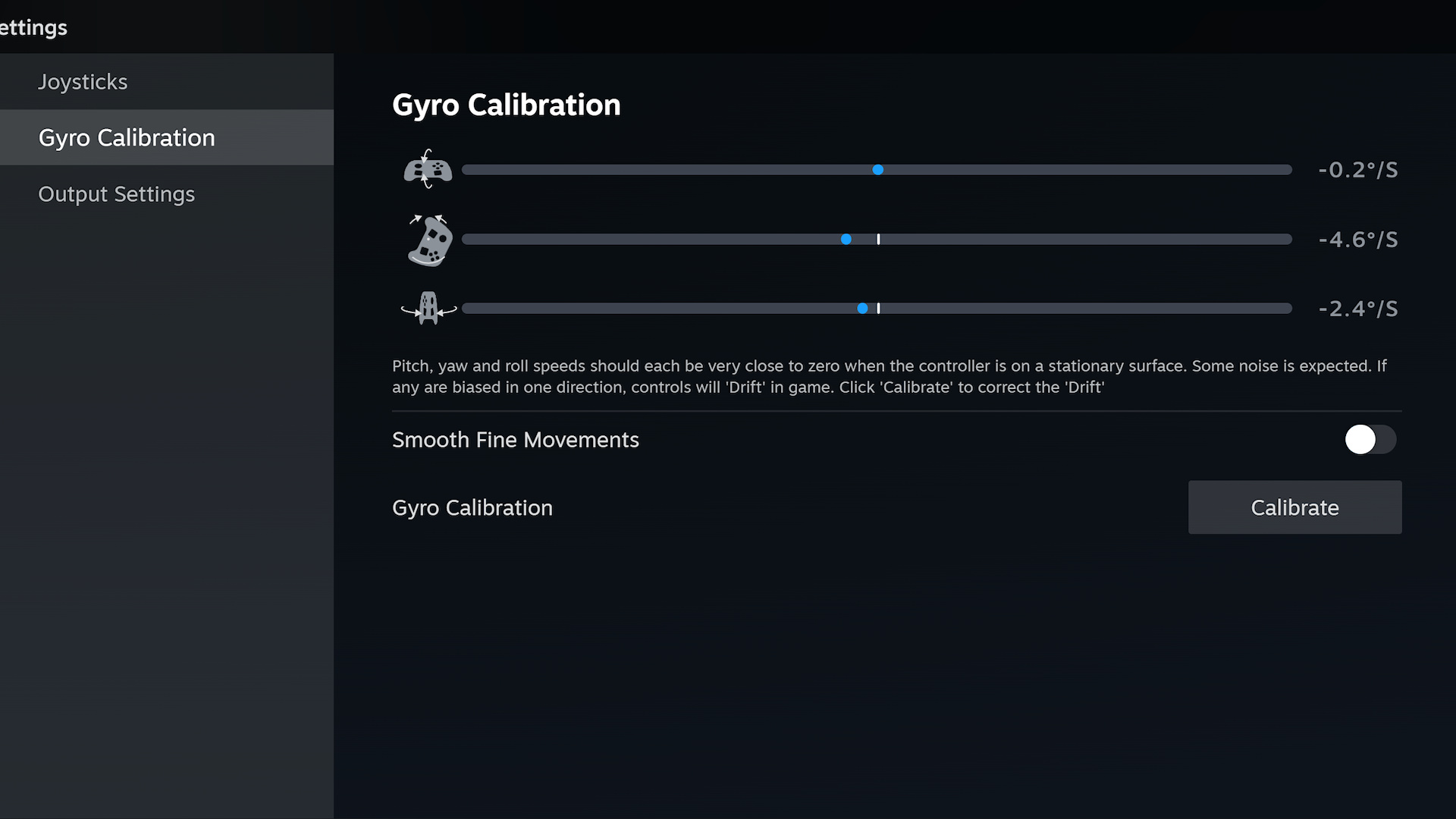 The Steam Controller gyro settings and calibration in the Steam client.