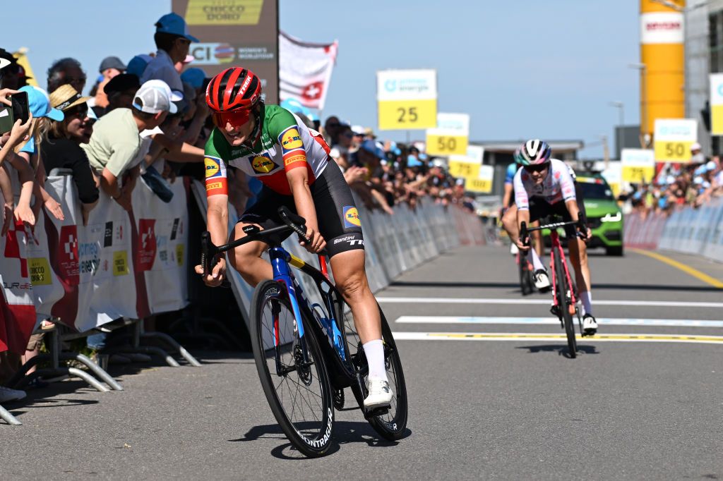 CHAMPAGNE SWITZERLAND JUNE 18 Elisa Longo Borghini of Italy and Team LidlTrek crosses the finish line during the 4th Tour de Suisse Women 2024 Stage 4 a 1275km stage from Champagne to Champagne UCIWWT on June 18 2024 in Champagne Switzerland Photo by Tim de WaeleGetty Images