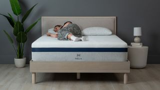 Helix Midnight mattress on a wooden bedframe, with our Sleep Editor asleep on her side