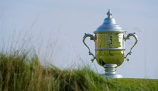 The Harton S. Semple Trophy on the 18th fairway during previews for the 2025 U.S. Women's Open at Erin Hills Golf Course