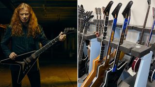 Dave Mustaine holds one of his signature Flying V guitars (left), some prototype Dave Mustaine signature Gibson Explorers