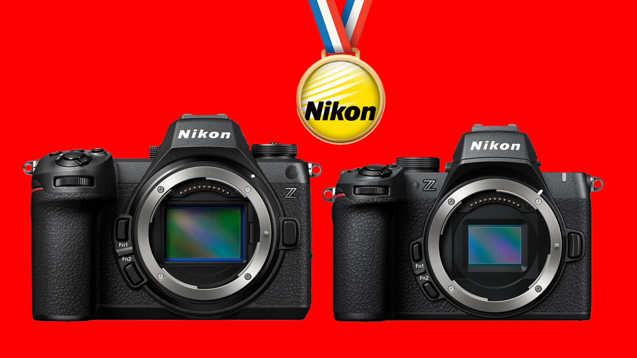 Two Nikon Z-series cameras (Z 50 II and Z6 III) displayed against a bright red background, alongside a gold medal featuring the Nikon logo
