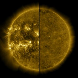 A split image shows the sun during a solar cycle's maximum on the left (April 2014) and during a solar cycle's minimum on the right (December 2019). 