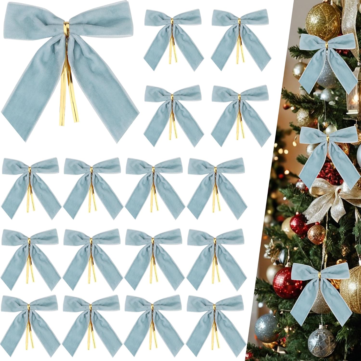 Christmas Velvet Bows Light Blue 24 Pack &amp;ndash; 3.5 Inch Holiday Tree Ornaments With Twist Tie Decorative Ribbon Bows for Christmas Tree, Wreath, Gift Wrapping &amp;amp; Party Decoration