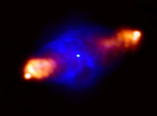 Le réseau de radiotélescopes géants LOFAR sera utilisé, entre autres, pour observer de près des trous noirs géants comme celui au cœur de la galaxie active Cygnus A (représentée ici), qui est à environ 700 millions d'années-lumière de la Terre. 