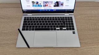 Samsung Galaxy Book2 Pro 360 review: laptop keyboard from above on a wooden table