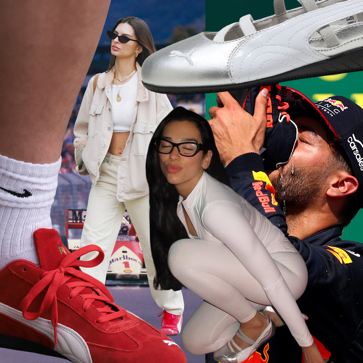 Collage of celebrities and racing drivers wearing PUMA Speedcat OG shoe.