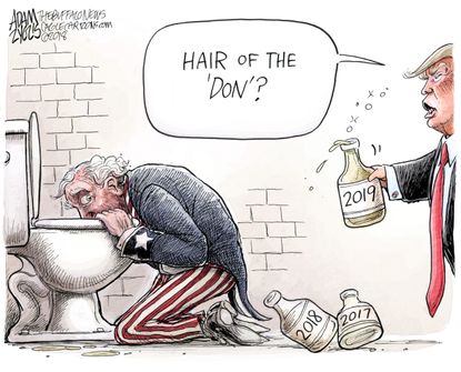 Political cartoon U.S. Trump Uncle Sam new years hangover