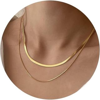 Chesky Layered Necklace for Women, Double Layer Snake Chain Necklace 14k Gold Plated Layering Herringbone Necklace Gold Chunky Thick Chain Choker Necklace Gifts