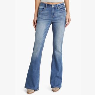 blue denim flared jeans with a mid-rise waist 