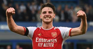 Arsenal star Declan Rice celebrates after the team's victory in the Premier League match between Everton FC and Arsenal FC at Goodison Park on September 17, 2023 in Liverpool, England.