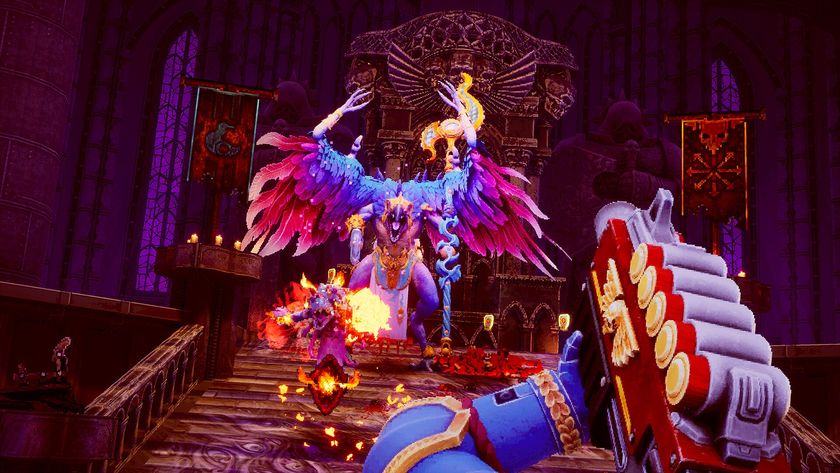 Promotional screenshot of a Space Marine fighting Tzeentch daemons in Warhammer 40,000: Boltgun.