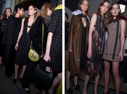 Models waiting backstage, pinstripe black, leather coat, yellow/black accessory bags