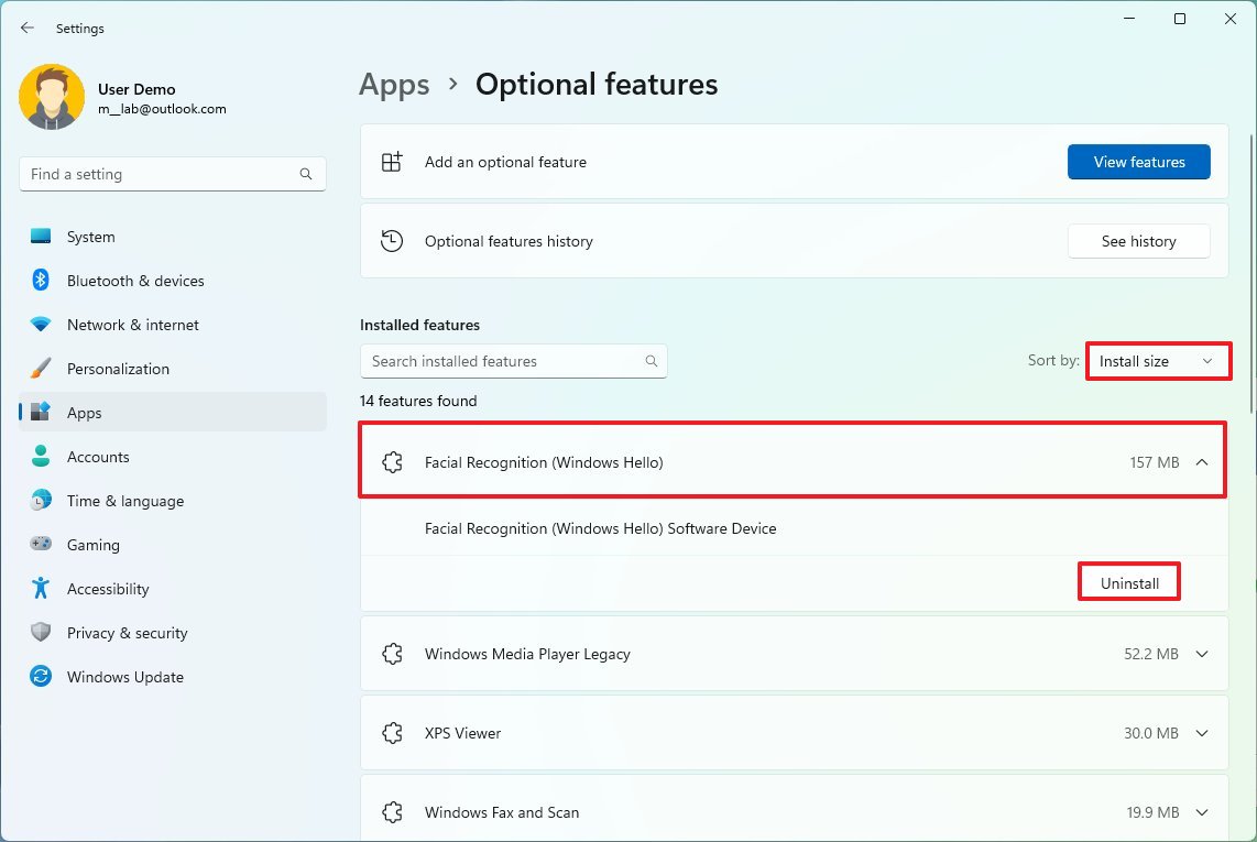 Uninstall Optional Features on Windows 11