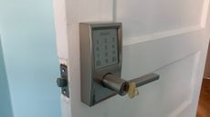 Schlage Encode fitted on a door with a key in the lock