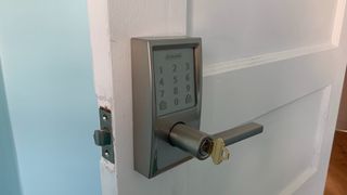 Schlage Encode fitted on a door with a key in the lock