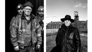 Black and white portraits of three rugged coal miners in gear (left) and an older man in a leather jacket and hat at a mining site (right)