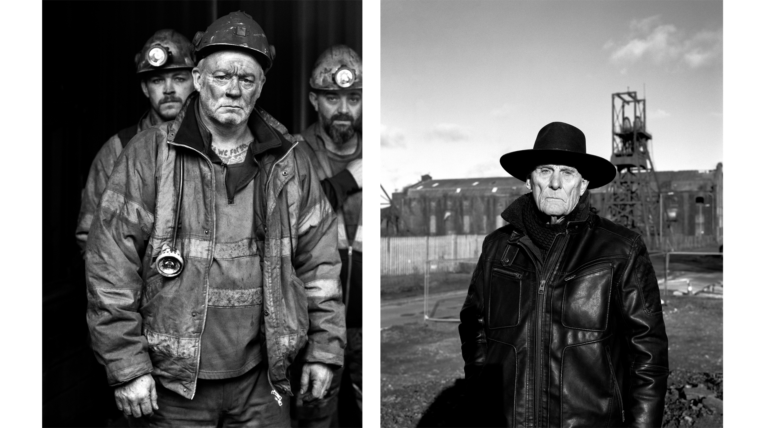 Black and white portraits of three rugged coal miners in gear (left) and an older man in a leather jacket and hat at a mining site (right)