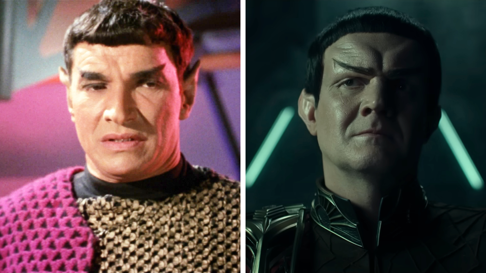 Split image showing Mark Lenard (Left) and Matthew MacFadzean (Right), who played an unnamed Romulan Commander in Star Trek: The Original Series and Star Trek: Strange New Worlds, respectively.