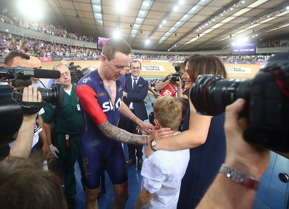 Bradley Wiggins of Great Britain and Team Wiggins celebrates after the UCI One Hour Record at Lee Valley Velopark Velodrome.