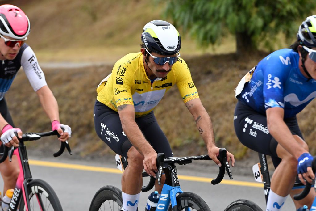 SANTA ROSA DE VITERBO COLOMBIA FEBRUARY 07 Fernando Gaviria of Colombia and Movistar Team Yellow leader jersey competes during the 4th Tour Colombia 2024 Stage 2 a 1686km stage from Paipa to Santa Rosa de Viterbo 2751m on February 07 2024 in Santa Rosa de Viterbo Colombia Photo by Maximiliano BlancoGetty Images