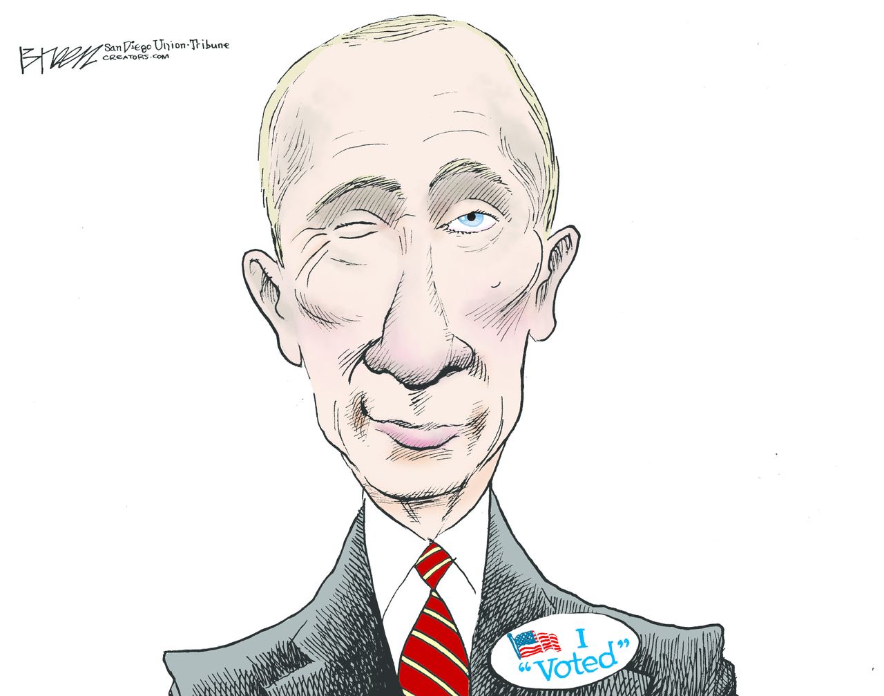 Political cartoon U.S. 2016 election Trump Putin voted