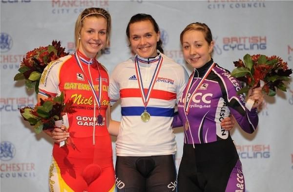Podium for the Women's keirin with Double World Junior champion Becky James 2nd, Olympic Champion Victoria Pendleton 1st and Academy rider Helen Scott in third.