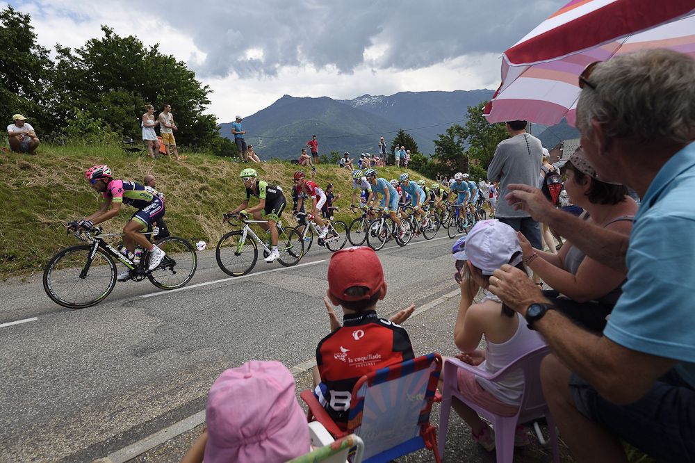 The pack rides during the 131.5 km first stage of the 67th edition of the Criterium Dauphine.