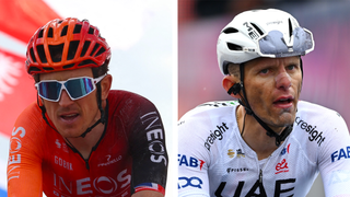 A combined photo showing Geraint Thomas and Rafał Majka, both of whom with their helmet straps quite loose