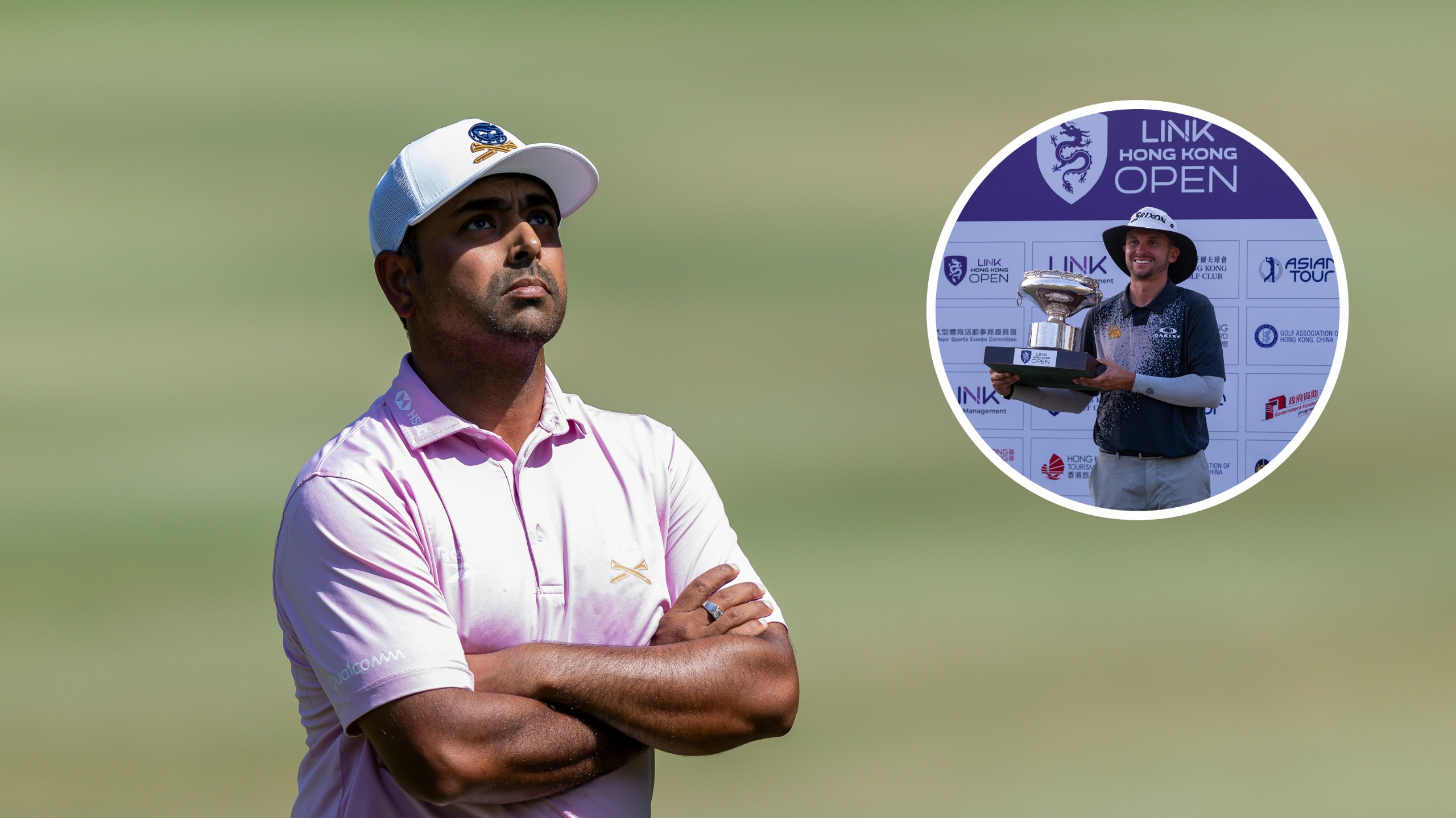 Main image of Anirban Lahiri folding his arms at the 2026 Hong Kong Open with John Catlin holding the trophy (inset - top right)