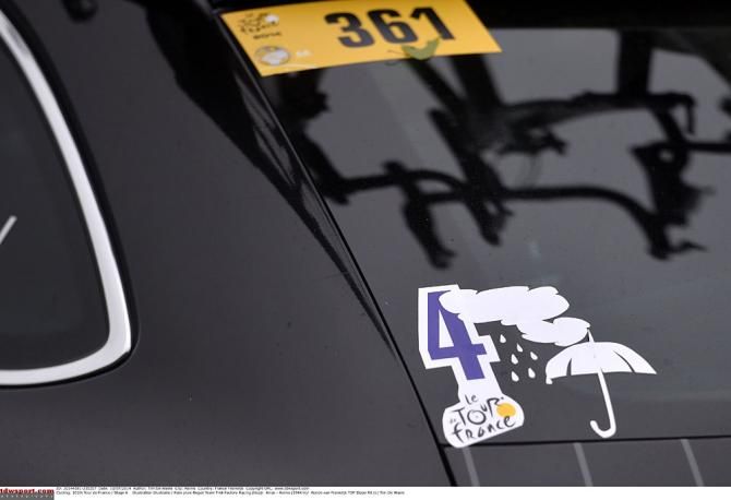 A sticker on the Trek Factory team car