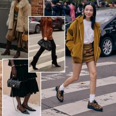 a collage of woman at new york fashion week wearing shoe trends