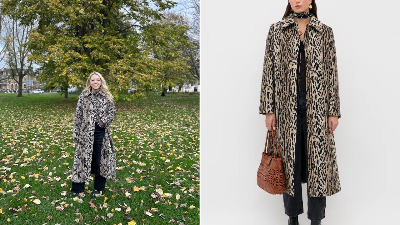 Caroline Parr and a model wearing the Rixo Milly leopard print coat 