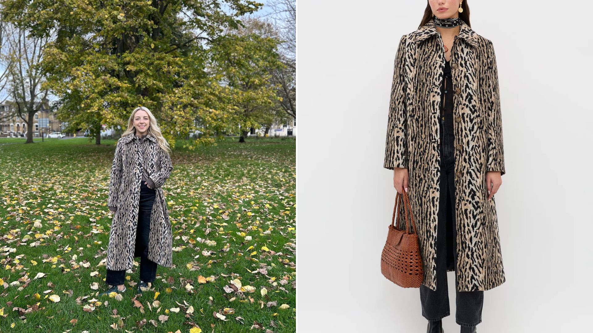 Caroline Parr and a model wearing the Rixo Milly leopard print coat 