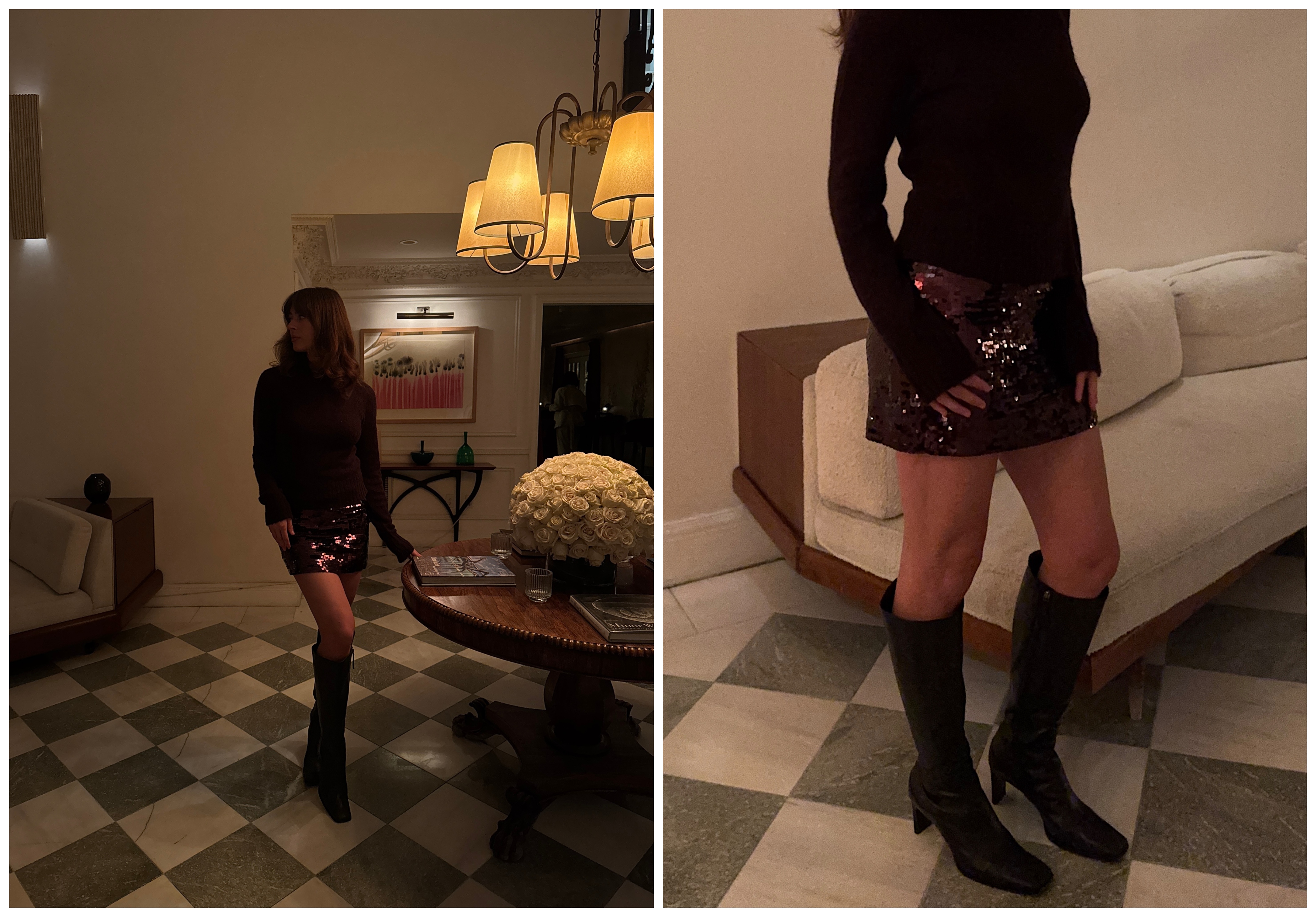 split image of Kathryn Zahorak wearing turtleneck sweater, sequin skirt, and knee high boots