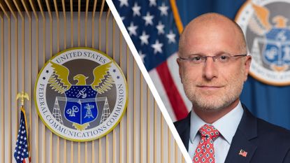 The FCC seal and FCC chairman Brendan Carr