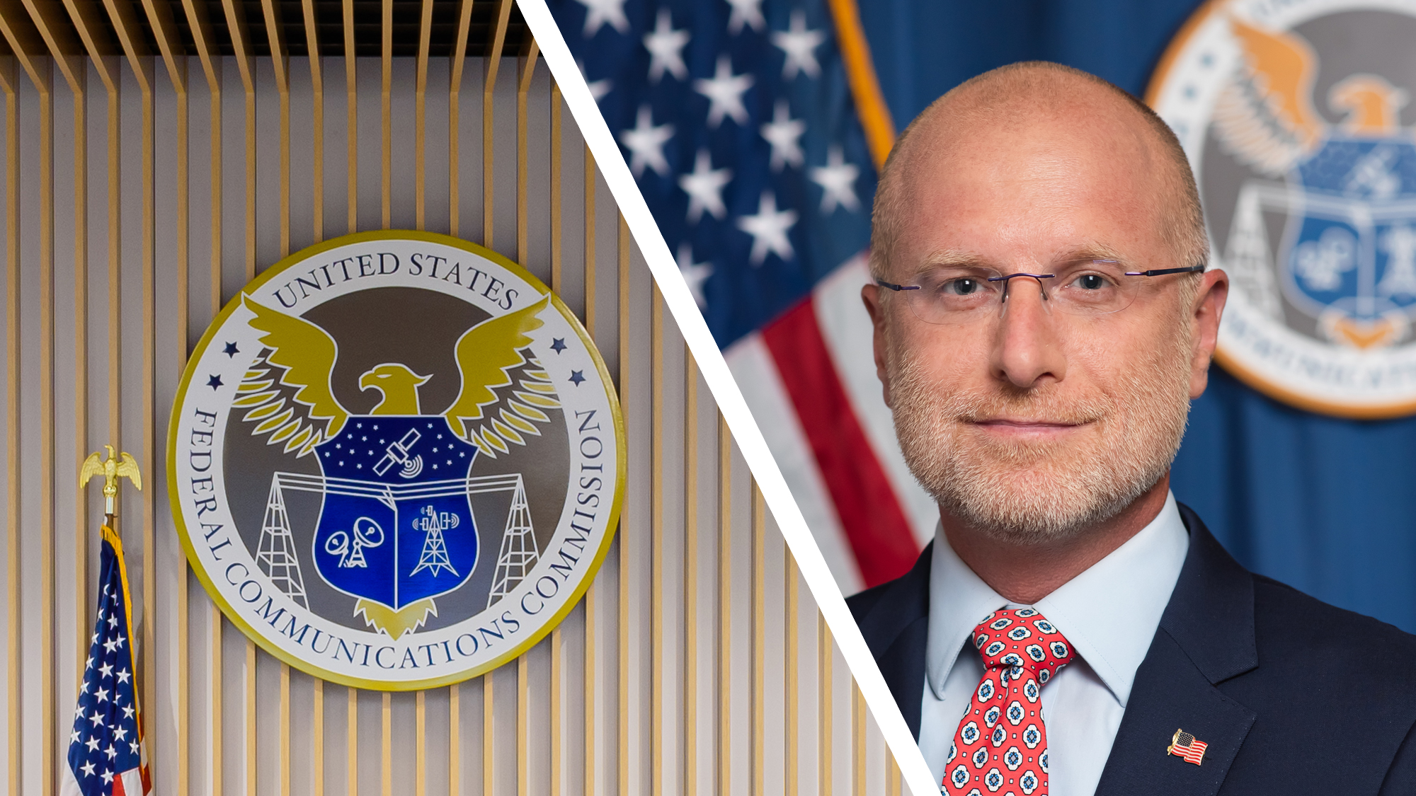 The FCC seal and FCC chairman Brendan Carr