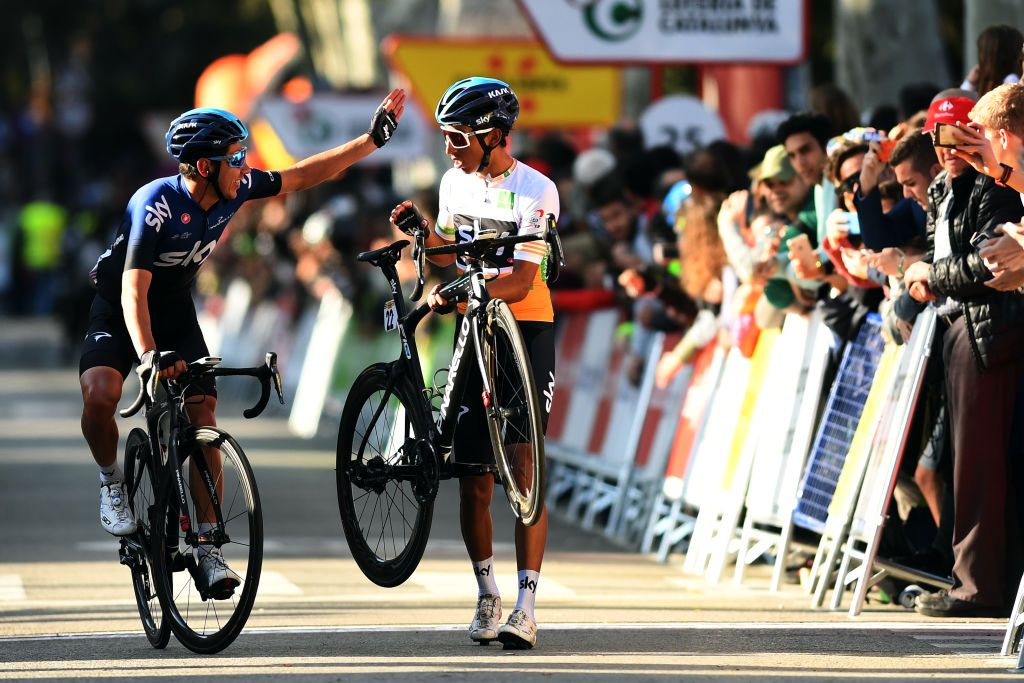 Egan Bernal had to walk his bike to the line
