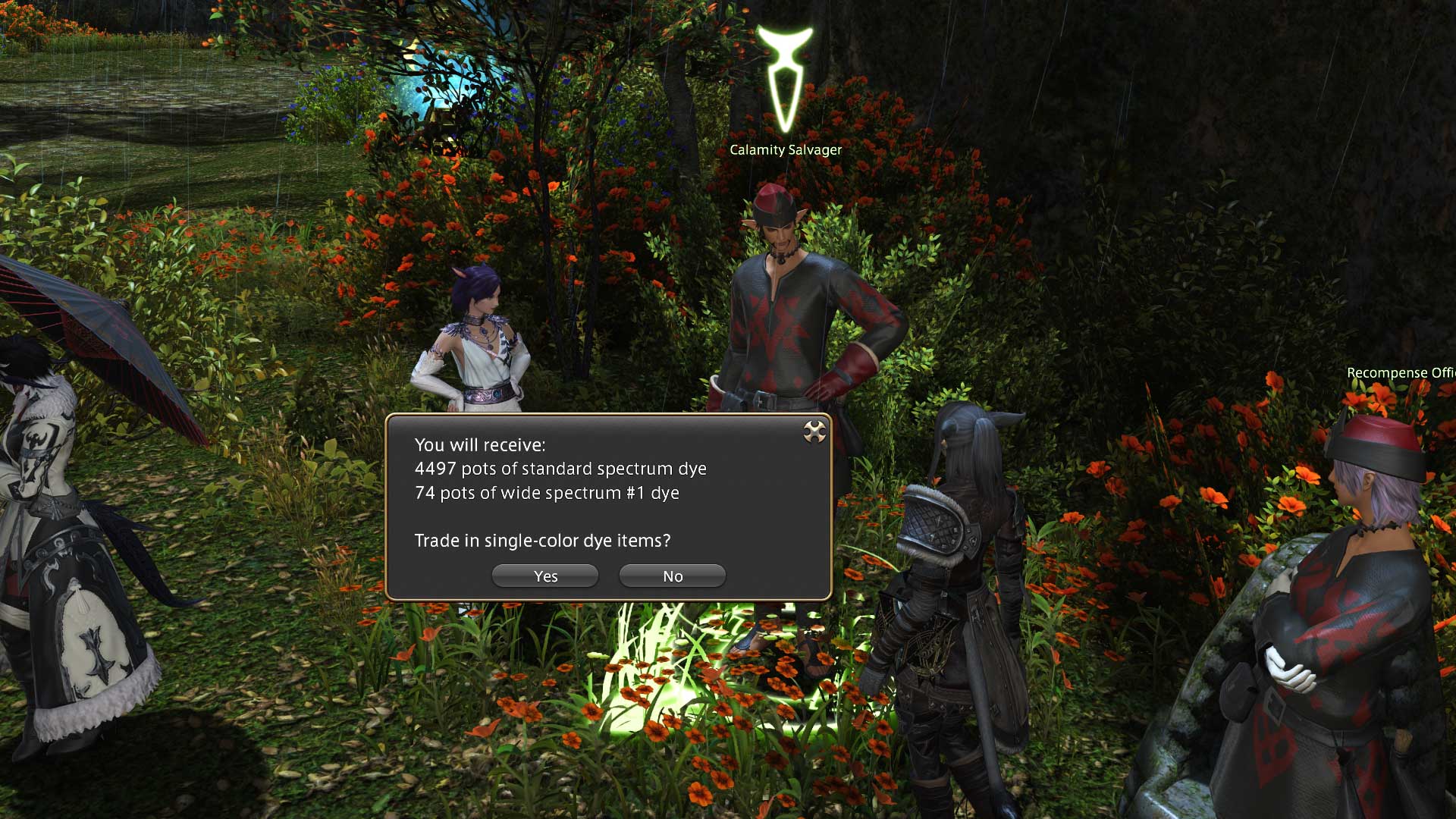 The Calamity Salvager in Final Fantasy 14 offering to exchange pots of dye for the new, consolidated items.