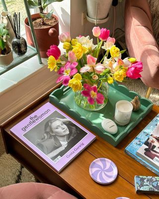 Coffee table with pastel purple tray