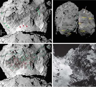 This close-up view of Comet 67P/Churyumov–Gerasimenko shows its diverse surface features.
