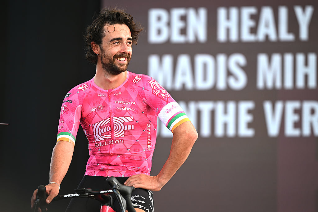 SINGAPORE, SINGAPORE - NOVEMBER 01: Ben Healy of Ireland and Team EF Education&amp;ndash;EasyPost during the team presentation prior to the 4th Tour de France EFGH Singapore 2025 on November 01, 2025 in Singapore. (Photo by Szymon Gruchalski/Getty Images)