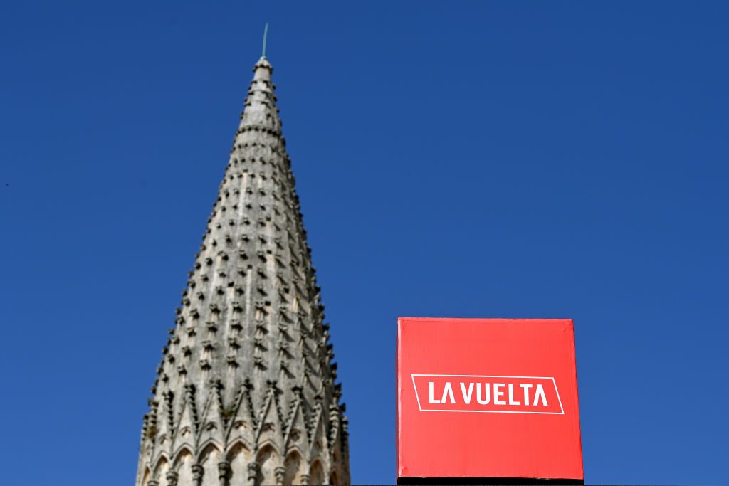 BURGOS SPAIN AUGUST 13 La Vuelta decoration detail view Tour of Spain La Vuelta 2021 will start from inside of the Cathedral temple with an Individual Time Trial as part of the 800th Anniversary of the laying of the first stone of Burgos Cathedral lavuelta LaVuelta21 CapitalMundialdelCiclismo catedral2021 on August 13 2021 in Burgos Spain Photo by Stuart FranklinGetty Images