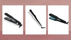 Collage of images of three of the best straighteners for thick hair from ghd, L'Oreal Professionnel and Bio:Ionic against a dark pink watercolour-style background