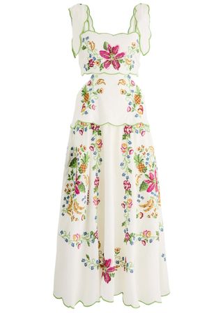 Tropical Romance Floral-Embroidered Linen-Blend Midi Dress